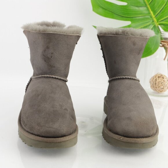 UGG Womens Mini Bailey Bow Boots Size 6 Gray Suede Sherpa Shearling Short Bootie - Picture 2 of 16